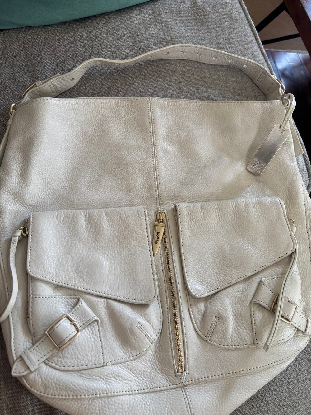 Botkier Cream Pebbled Leather Large Hobo Shoulder Bag Gold Hardware Spike Zip